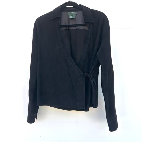 Vintage Y2K Ralph Lauren Suede Leather Wrap Long Sleeve Top Black Medium - Picture 2 of 11